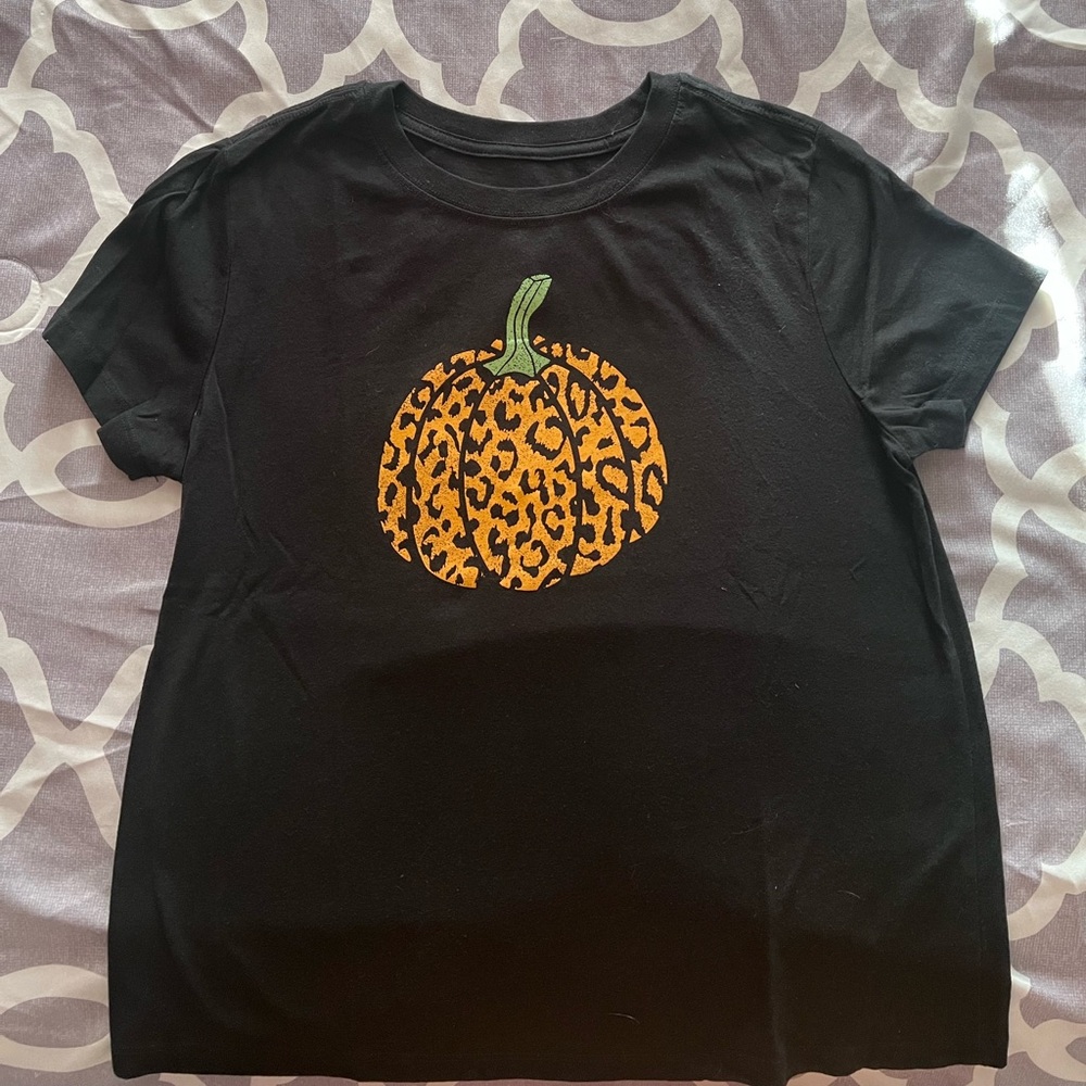 Mighty Fine Black Tee with Leopard Pumpkin Design